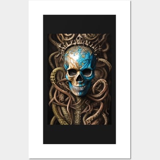 Blue and Gold Skull | Skull and Tentacles Artwork | Armored Skull | Dystopian Skull | Warrior Skull Posters and Art